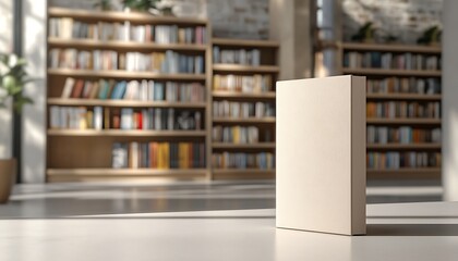 A beige book standing in a sunlit bookstore, with shelves blurred in the background, an ideal setting for book presentations.