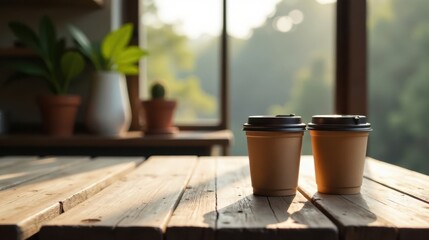 Two disposable coffee cups sit on a rustic wooden table near a sunlit window