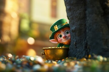 Naklejka premium A whimsical leprechaun peeks from behind a tree, beside a pot of gold, surrounded by colorful stones, evoking a magical atmosphere.