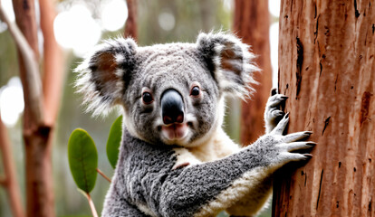 Obraz premium A serene moment captured of a koala embracing its eucalyptus home