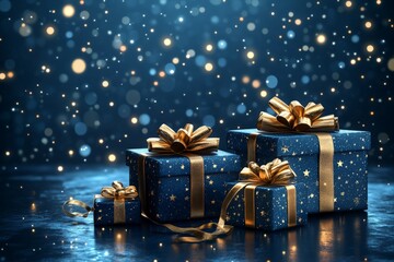 Colorful gift boxes with golden ribbons and stars against a sparkling blue background during the holiday season