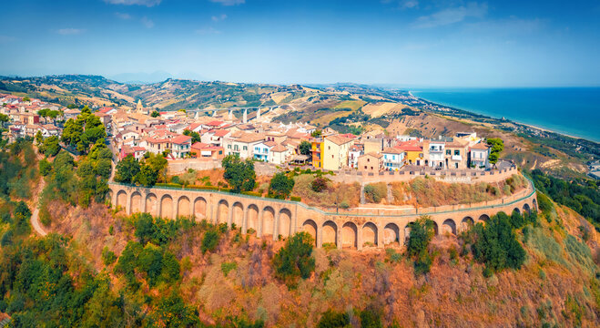 Bright summer view from flying drone of Silvi Paese town, Italy, Europe. Wonderful morning scene of Italian countryside. Traveling concept background..