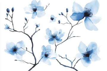 Watercolor of blue flowers branches