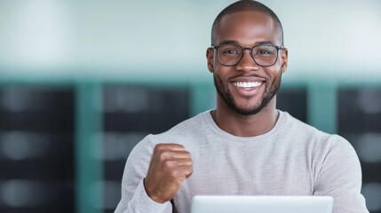 Happy Black Man with Glasses, Close-up Portrait, Achievement Concept, Smiling, Success. , portrait photography, success story