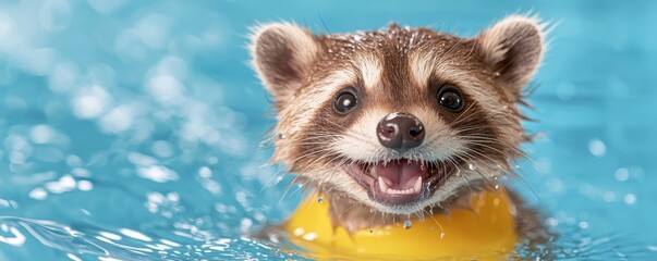 Happy Raccoon Swimming in Pool Close-up Portrait, Blue Water Background, Summer Fun, Animal Photography raccoon, swimming