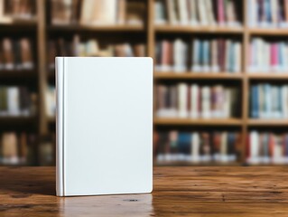 A blank book standing upright on a wooden table, a blurred bookshelf in the background, perfect for book cover mockups.