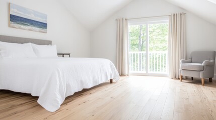Serene Bedroom White Quilt, Light Wood Floor, Coastal Art and Natural Light, bedroom design, interior design
