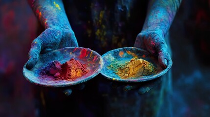 Vibrant Holi Festival Hands with Colorful Powder and Plates