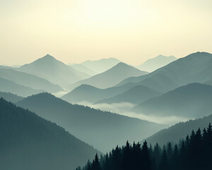 Obraz premium Majestic mountain ranges enveloped in mist, showcasing serene beauty and depth. layers of peaks create tranquil atmosphere