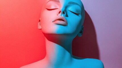 A striking mannequin portrait with vibrant lighting showcasing serene expression against a gradient backdrop