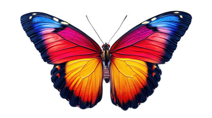 Obraz premium Stunning Colorful Butterfly with Vibrant Red, Orange, Yellow, and Blue Wings Displayed Against a Clean Background for Nature and Wildlife Themes