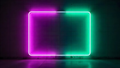 A luminous rectangular neon frame, split into vibrant pink and green halves on a dark tile background