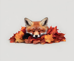 Fototapeta premium A fox cub sneaking a nap inside a pile of colorful autumn leaves.