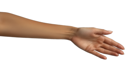 Outstretched woman's hand reaching forward on dark background