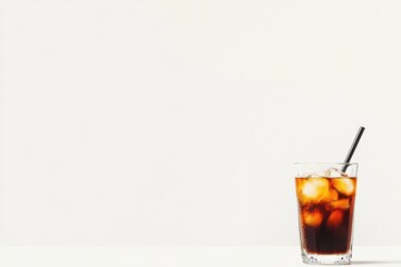 Refreshing iced drink with straw on white background
