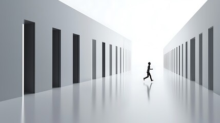 A person is running through a hallway with many doors