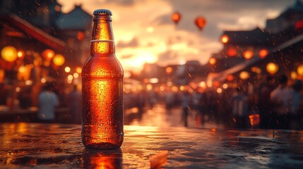 Festive atmosphere with a beer bottle illuminated by sunset glow at an outdoor festival