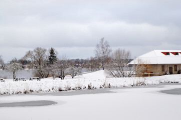 winter landscape, photo river, park and gray sky in the background