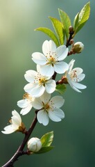 A delicate white pear branch is adorned with blooming flowers, blossom, flower