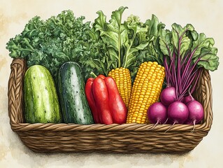 Fresh Vegetables in Basket Watercolor Illustration