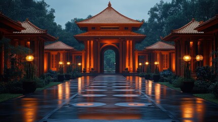 Fototapeta premium Illuminated Asian temple gate, rain, garden