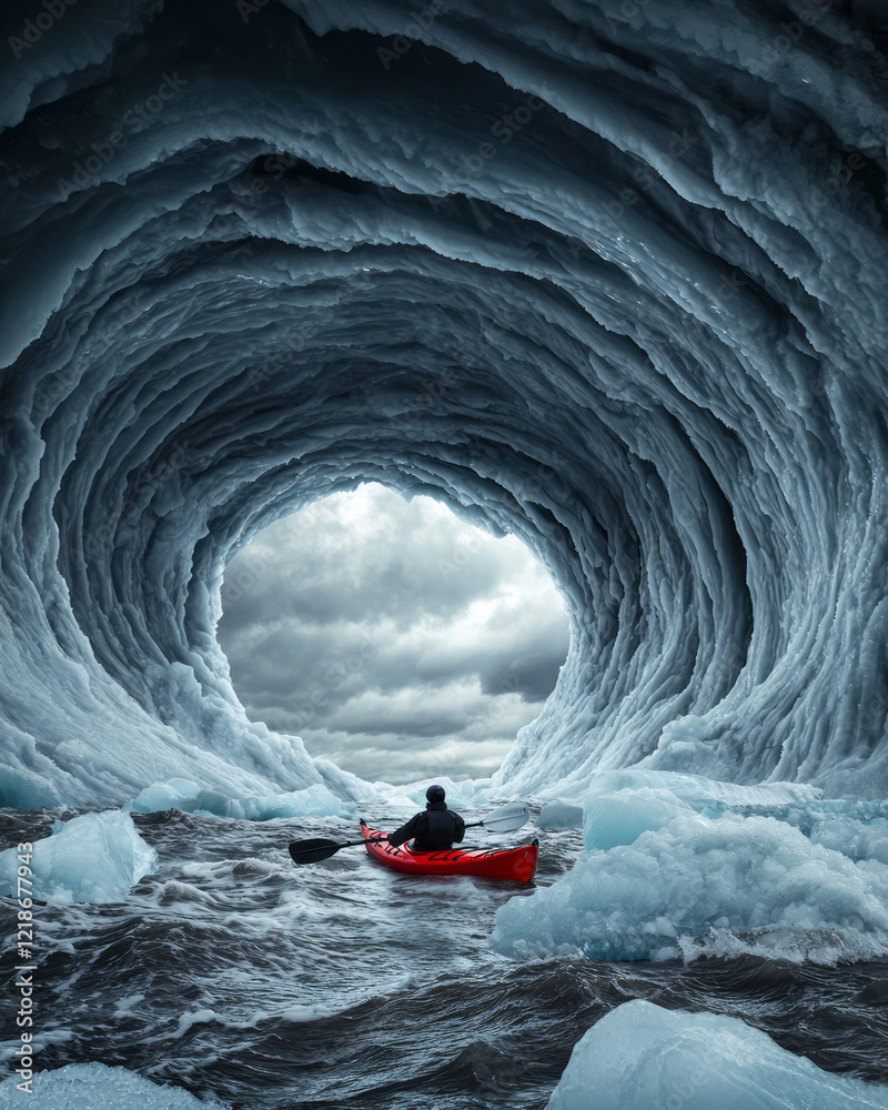 Poster a kayaker navigating through icebergs that have broken off from a glacier,