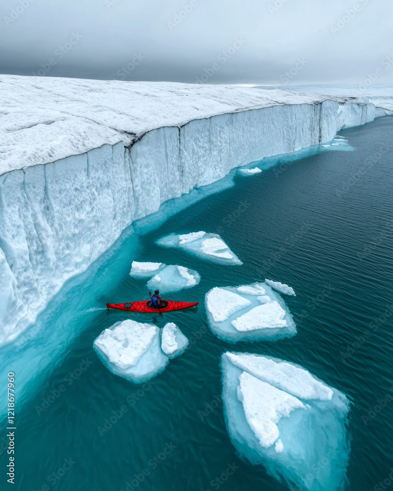 Poster a kayaker navigating through icebergs that have broken off from a glacier,