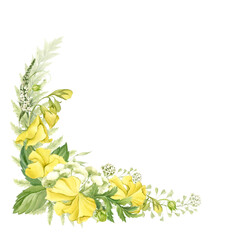 Corner floral frame with sweet pea flowers and wild herbs. All elements are hand-drawn in watercolor and isolated from the background.