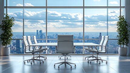Interior design of an office with a window, table, and chairs developed using modern technology.