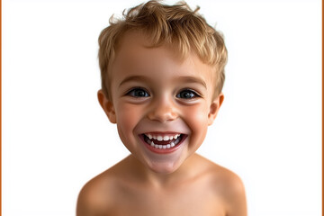 Happy Young Boy With Curly Hair Smiles Brightly Against a Plain Background