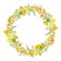 Wreath of wildflowers: Tansy, Foxglove, Sweet peas, blades of grass, fern. All elements are hand-painted in watercolor and isolated from the background.
