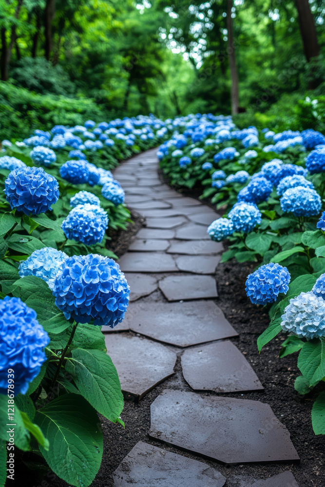 Poster a path lined with blooming hydrangeas in a botanical garden,