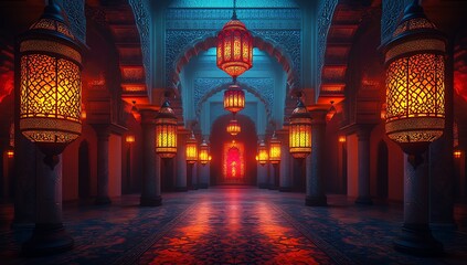 Obraz premium Illuminated Corridor with Ornate Lanterns and a Glowing Archway in a Traditional Architectural Setting