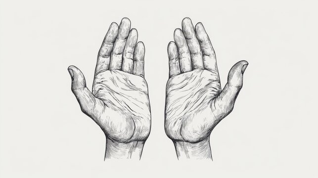 Detailed pencil sketch of two open hands, palms up, showing wrinkles and lines.