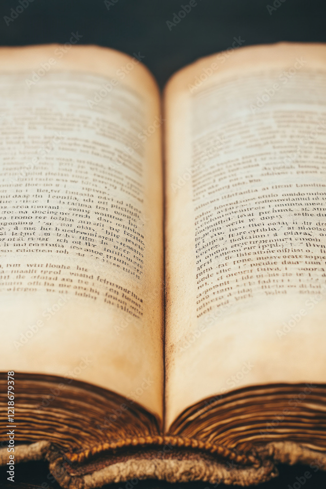 Aufkleber a close-up of an open book page, showing the fine print and aged paper,