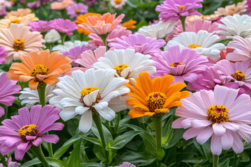 A garden of colorful zinnias attracting bees and butterflies,