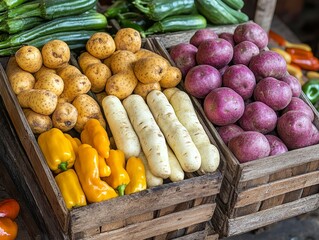 Fresh Organic Potatoes  Radishes  Yellow Peppers  and Zucchini in Wooden Crates
