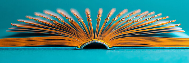 The vibrant spine of a hardback book with decorative elements and intricate designs,