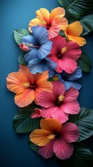 Obraz premium Vibrant tropical flowers in shades of orange, blue, and pink on a calm blue background