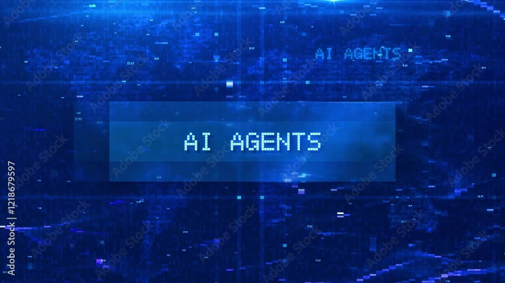 Wall mural ai agents digital text animation over futuristic world map and hud effects