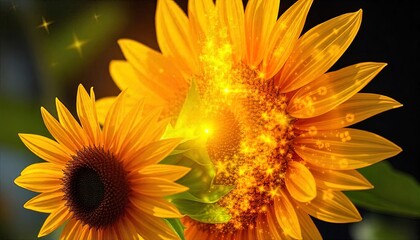 Obraz premium Two Sunflowers Radiating Golden Light and Sparkle