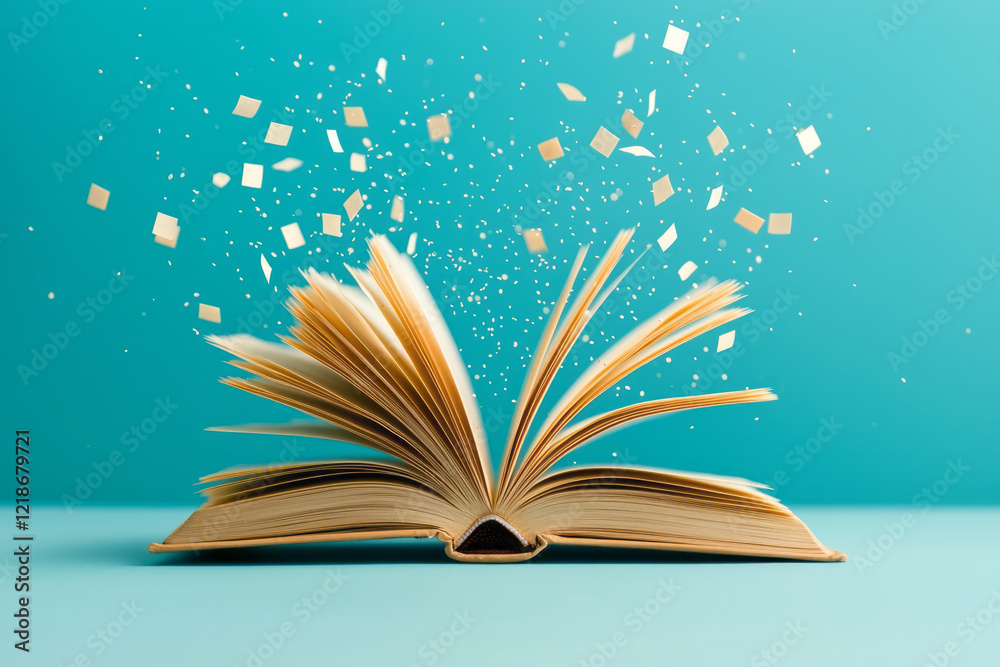 Fototapete An open book lying on a table with fluttering pages captured in motion,