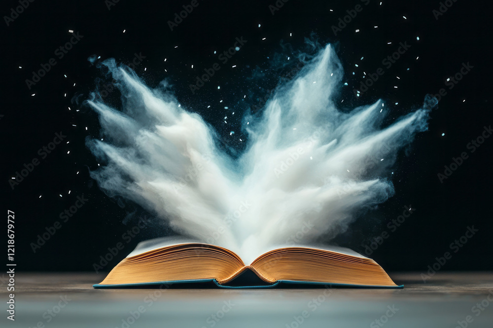 Fototapete an open book lying on a table with fluttering pages captured in motion,