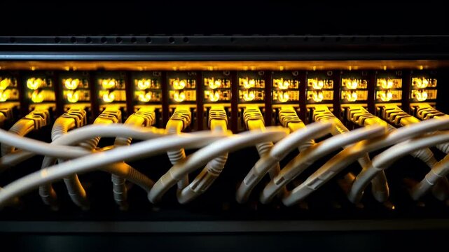 Close up of a network switch displaying active ports with blinking led lights, indicating data transfer and network activity in a dark server room
