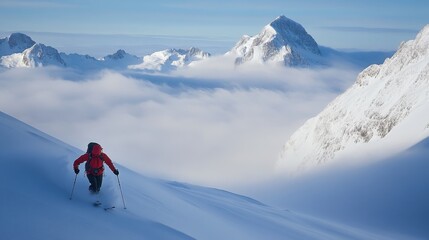Skier descends snowy mountain slope amidst clouds and peaks