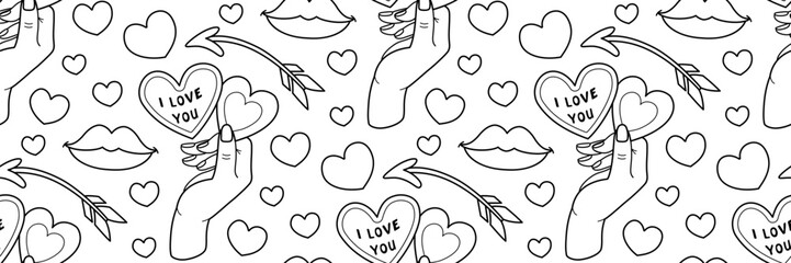 Fototapeta premium Valentine's Day doodle pattern. Hand holds valentine heart with love message. Cupid's arrow, kiss and hearts. February 14 celebration of love. Cute romantic Background. Vector outline illustration