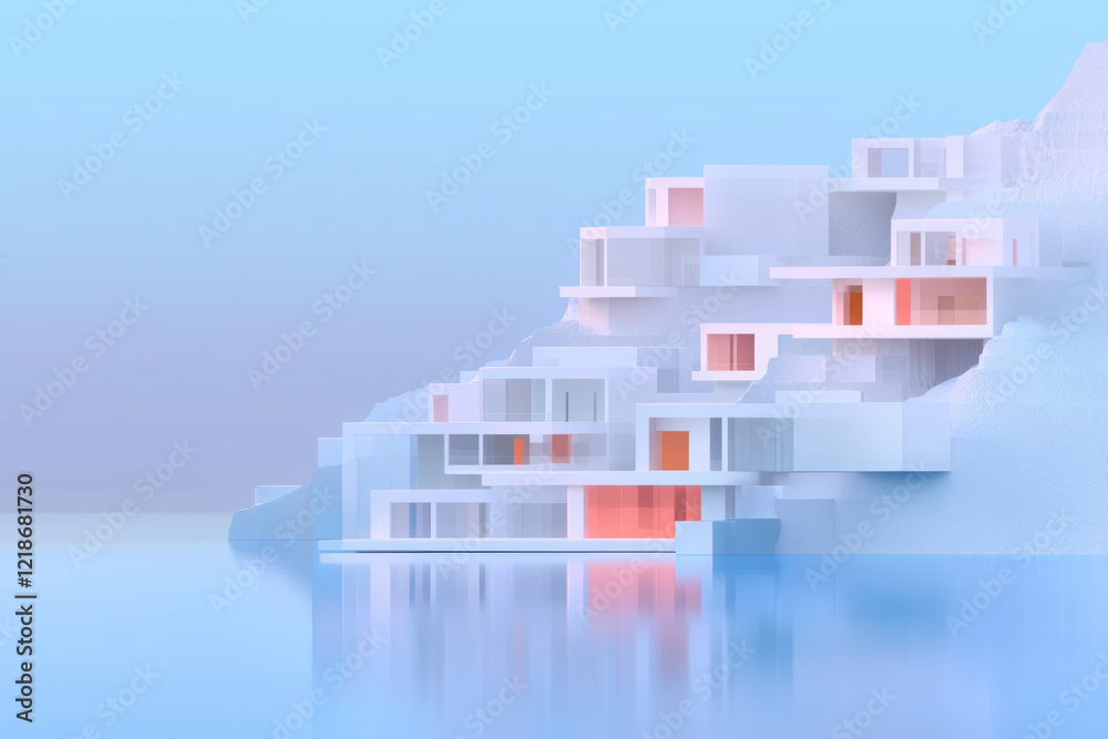 Poster a minimalistic cityscape with sleek, modern buildings and open spaces,
