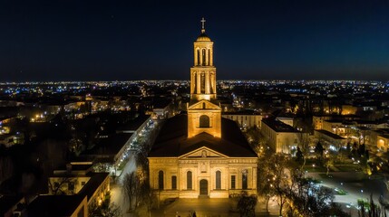 Obraz premium Illuminated Church Night Cityscape Aerial View