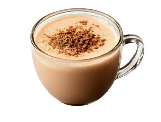 Cup of masala chai topped with ginger powder on transparent background for promoting cafes, menus, or recipe blogs, drink advertisements, or social media content. Masala, tea with milk and spices