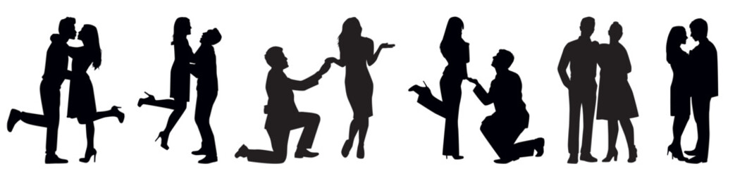 Set of couple in various poses silhouettes collection. 